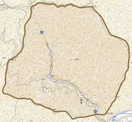 大字弥谷とその周辺の地図。町の範囲を重ねている