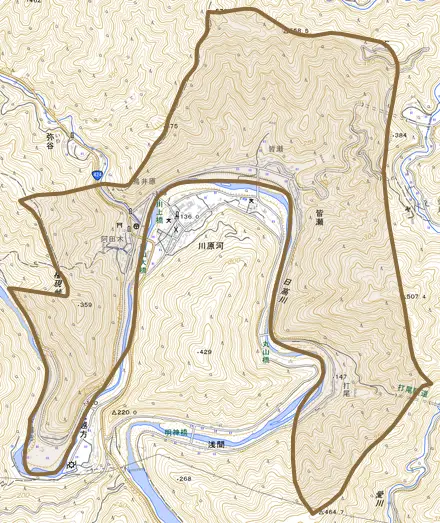 大字皆瀬とその周辺の地図。町の範囲を重ねている