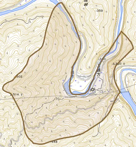 大字上越方とその周辺の地図。町の範囲を重ねている