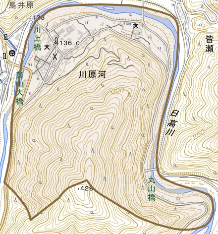大字川原河とその周辺の地図。町の範囲を重ねている