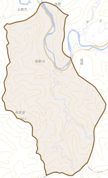 大字熊野川とその周辺の地図。町の範囲を重ねている