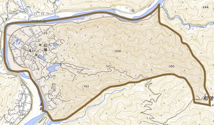 大字松瀬とその周辺の地図。町の範囲を重ねている