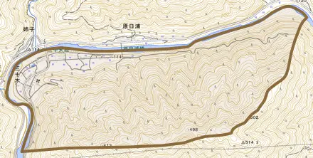 大字三十木とその周辺の地図。町の範囲を重ねている