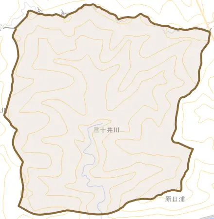大字三十井川とその周辺の地図。町の範囲を重ねている