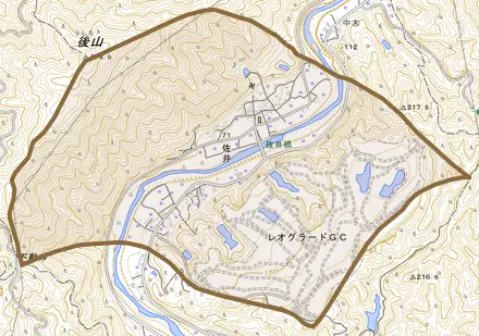 大字佐井とその周辺の地図。町の範囲を重ねている