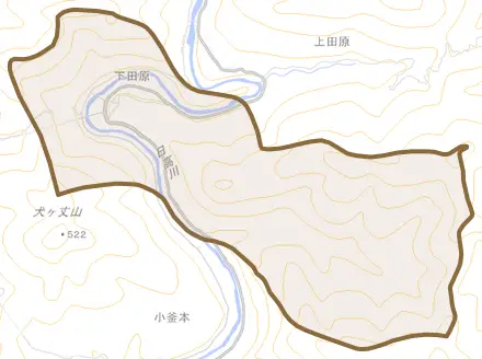 大字下田原とその周辺の地図。町の範囲を重ねている