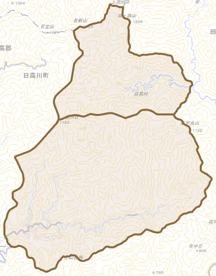 大字寒川とその周辺の地図。町の範囲を重ねている