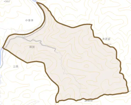 大字田尻とその周辺の地図。町の範囲を重ねている