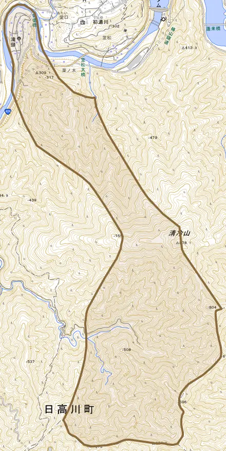 大字滝頭とその周辺の地図。町の範囲を重ねている