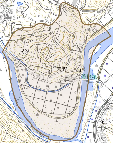 大字若野とその周辺の地図。町の範囲を重ねている