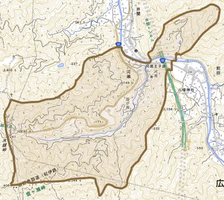 大字河瀬とその周辺の地図。町の範囲を重ねている