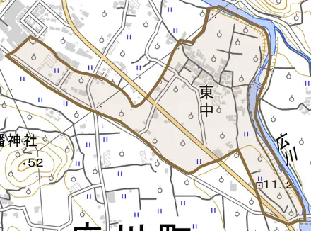 大字東中とその周辺の地図。町の範囲を重ねている
