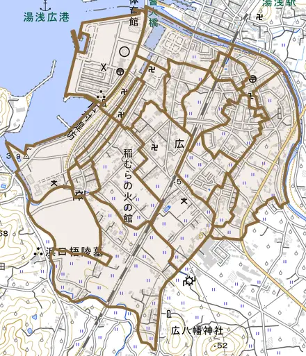 大字広とその周辺の地図。町の範囲を重ねている