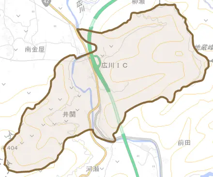 大字井関とその周辺の地図。町の範囲を重ねている