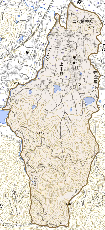 大字上中野とその周辺の地図。町の範囲を重ねている