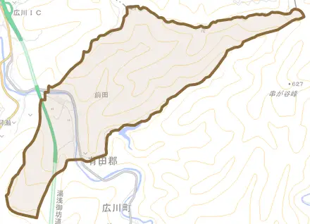 大字前田とその周辺の地図。町の範囲を重ねている