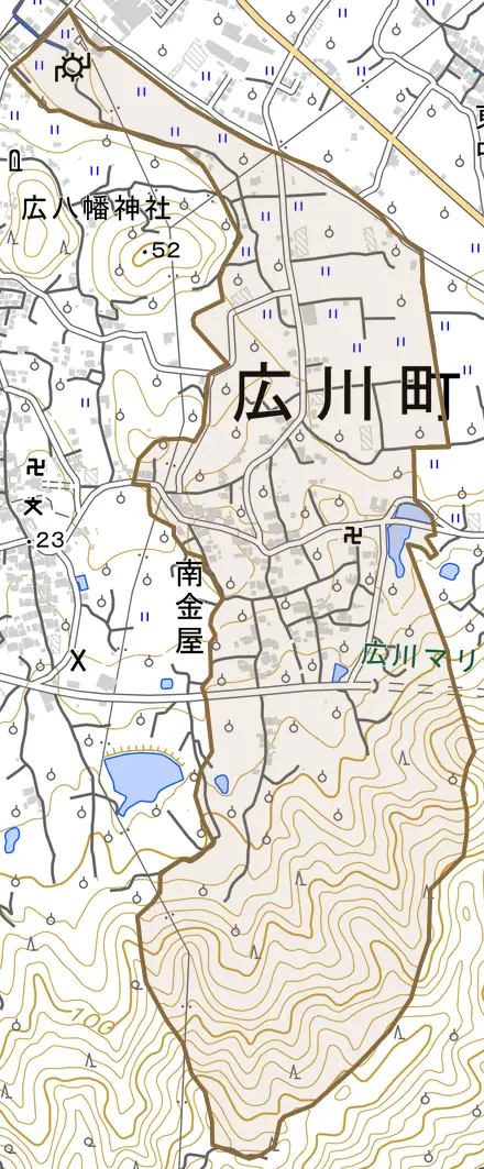 大字南金屋とその周辺の地図。町の範囲を重ねている