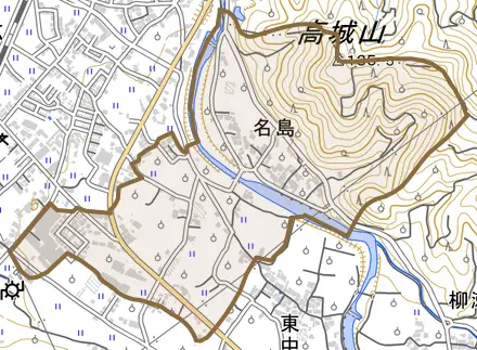 大字名島とその周辺の地図。町の範囲を重ねている