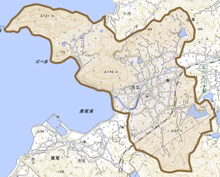 大字西広とその周辺の地図。町の範囲を重ねている