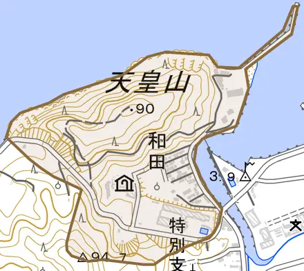 大字和田とその周辺の地図。町の範囲を重ねている