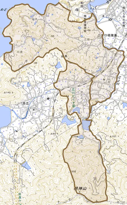 大字山本とその周辺の地図。町の範囲を重ねている