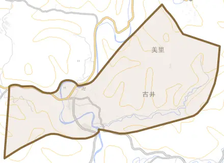 大字古井とその周辺の地図。町の範囲を重ねている