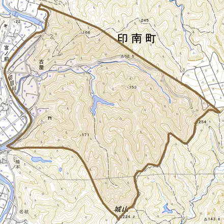 大字古屋とその周辺の地図。町の範囲を重ねている