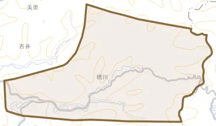 大字樮川とその周辺の地図。町の範囲を重ねている