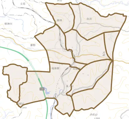 大字印南原とその周辺の地図。町の範囲を重ねている
