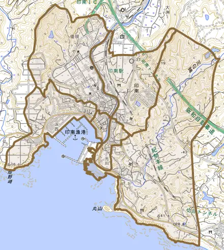 大字印南とその周辺の地図。町の範囲を重ねている