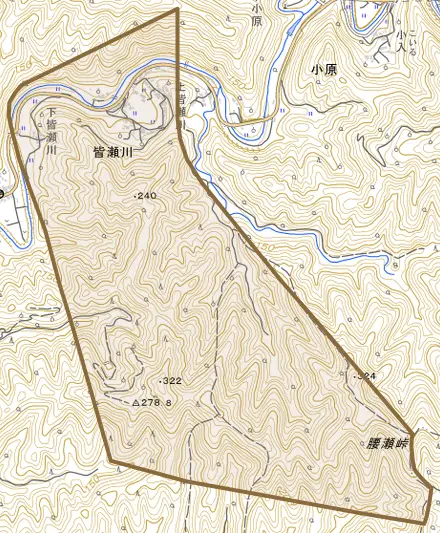 大字皆瀬川とその周辺の地図。町の範囲を重ねている