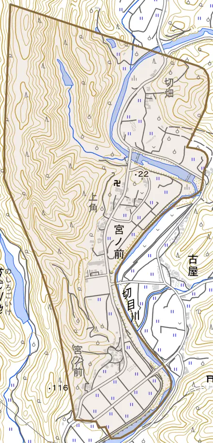 大字宮ノ前とその周辺の地図。町の範囲を重ねている