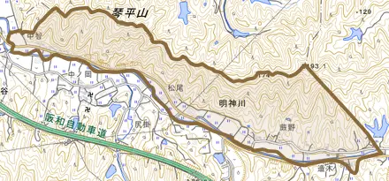 大字明神川とその周辺の地図。町の範囲を重ねている