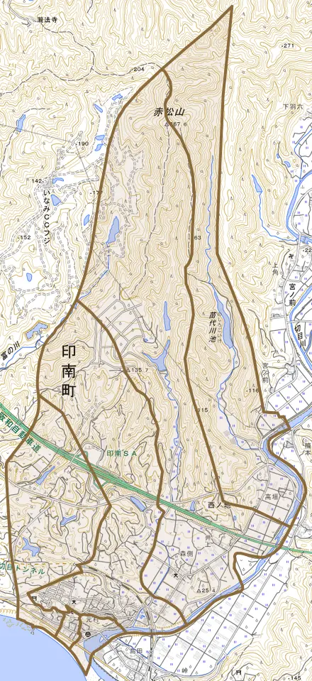 大字西ノ地とその周辺の地図。町の範囲を重ねている