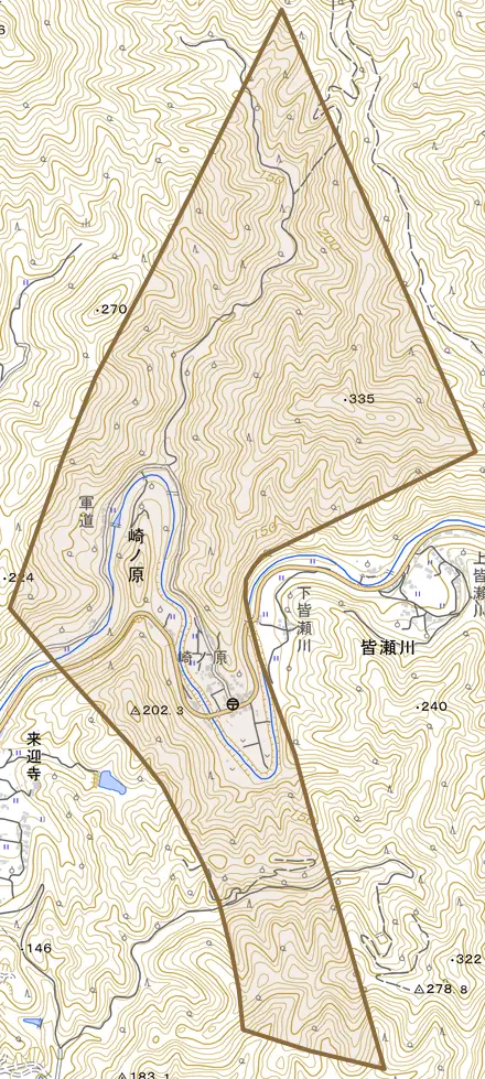 大字崎ノ原とその周辺の地図。町の範囲を重ねている