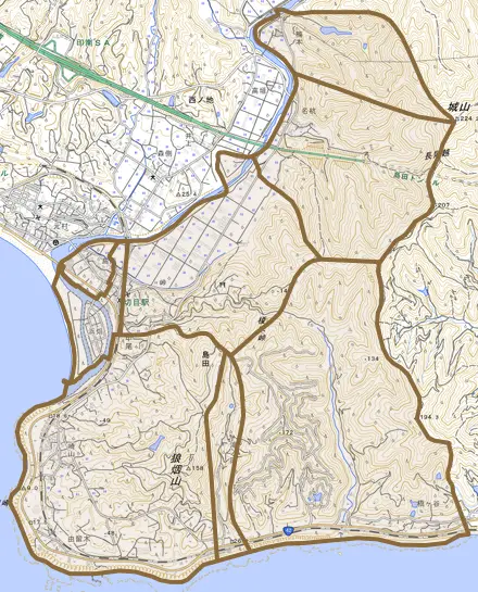 大字島田とその周辺の地図。町の範囲を重ねている