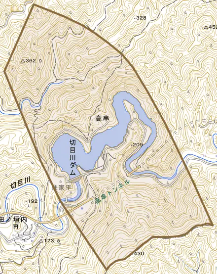 大字高串とその周辺の地図。町の範囲を重ねている