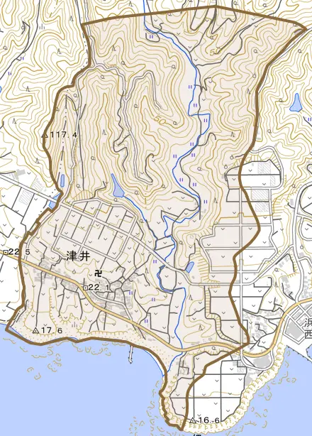 大字津井とその周辺の地図。町の範囲を重ねている