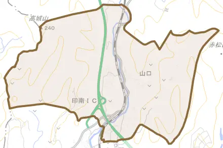 大字山口とその周辺の地図。町の範囲を重ねている