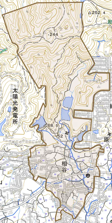 相谷とその周辺の地図。町の範囲を重ねている