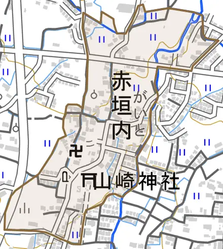 赤垣内とその周辺の地図。町の範囲を重ねている