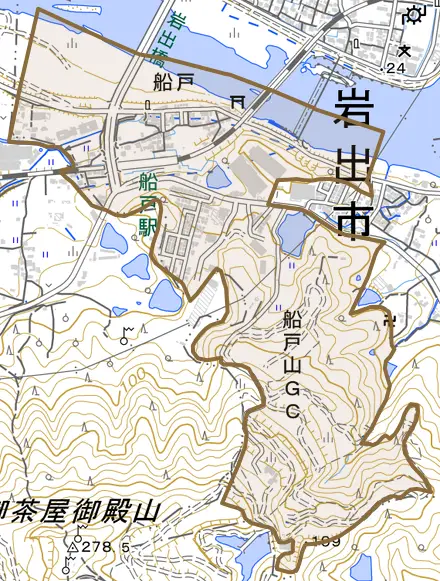 船戸とその周辺の地図。町の範囲を重ねている