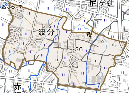波分とその周辺の地図。町の範囲を重ねている