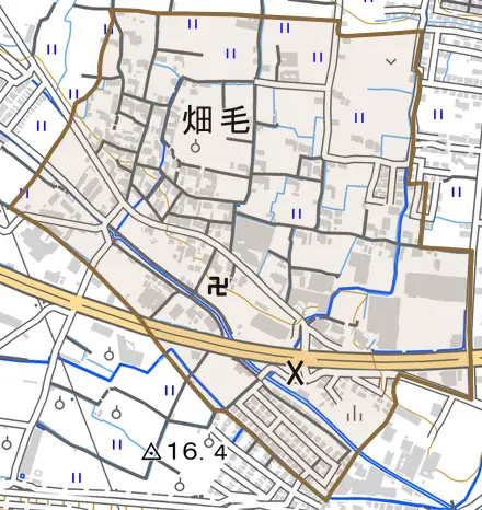 畑毛とその周辺の地図。町の範囲を重ねている