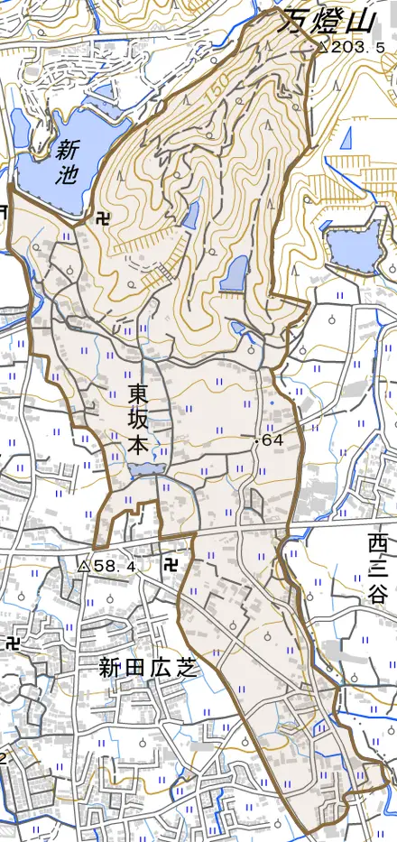 東坂本とその周辺の地図。町の範囲を重ねている