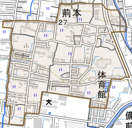 荊本とその周辺の地図。町の範囲を重ねている