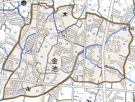 金池とその周辺の地図。町の範囲を重ねている
