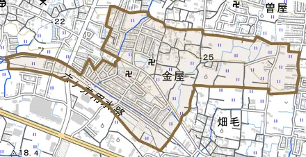 金屋とその周辺の地図。町の範囲を重ねている