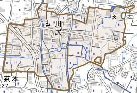 川尻とその周辺の地図。町の範囲を重ねている