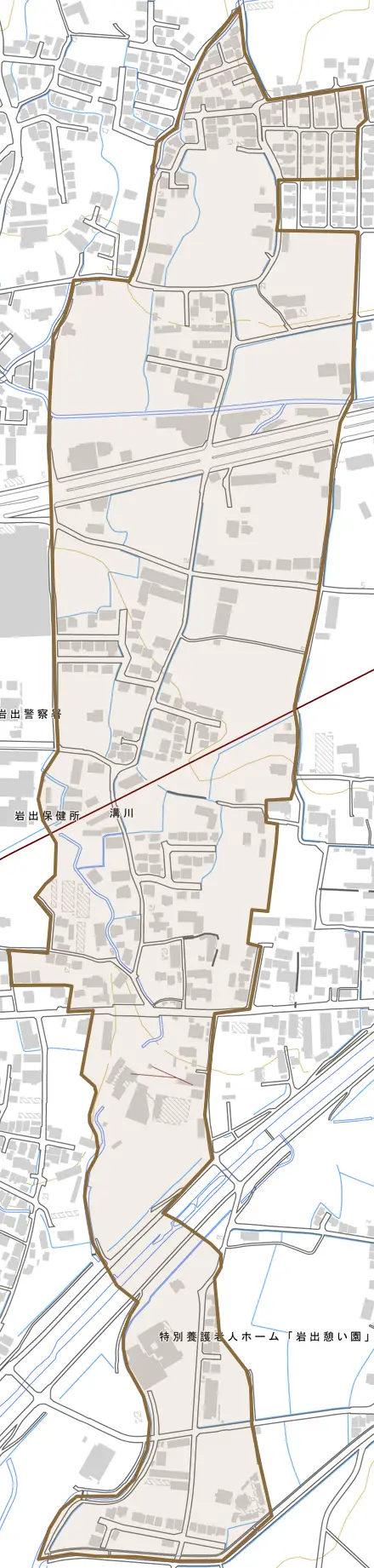 溝川とその周辺の地図。町の範囲を重ねている